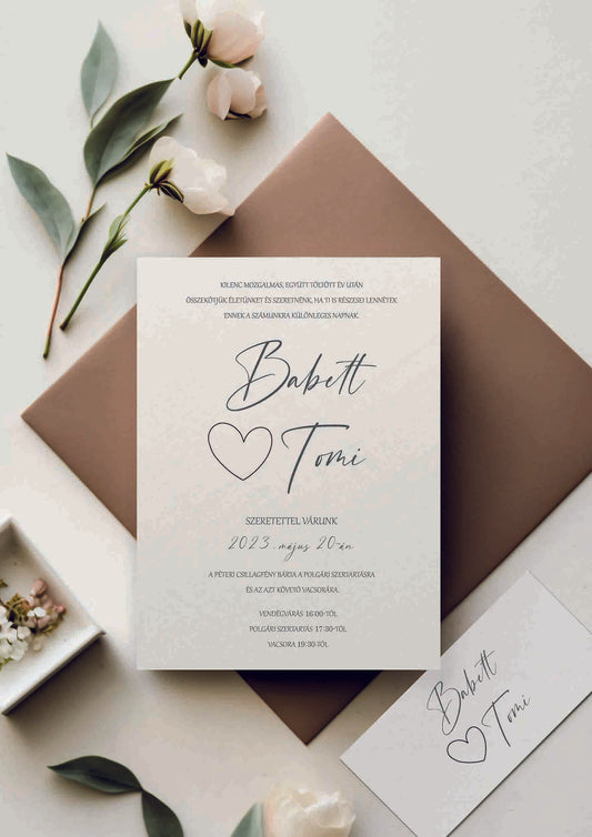 Papír Esküvői Meghívó Egyoldalas Babett és Tomi